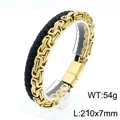 Pulsera para hombre de doble capa, cadena bizantina dorada y cuero trenzado negro - Doble Capa Dorado (KB144436-KFC)
