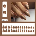 Short almond press-on nails in glossy solid dark brown color set with 24 pieces - Light Brown (Glue Type)