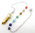 Gouden zeshoekige kristallen pendel met zeven chakra-kralen aan zilveren ketting - B26-Goud Metallic Steen