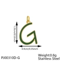 Detail view of green enamel letter G charm in gold stainless steel with size dimensions - Letter G-Green