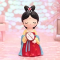 Cute resin Tang dynasty doll in yellow and red dress holding a fan for desk decor - Small Fan (1003-6A)