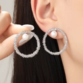 Detail view of silver geometric hoop earrings with pearls worn by a model - Silver Metal Pearl Large Hoop Earrings (1 Pair) (9884)