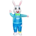 Inflatable Easter bunny costume in blue overalls with Happy Easter text print - Easter Pudding Bunny / One Size