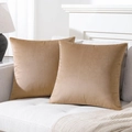 Set of 2 light brown velvet square cushion covers on a sofa with cozy throw blanket - 18x18 Inch / Dark Camel