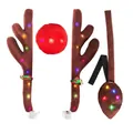 Brown plush reindeer antlers for car with glowing red nose and bell holiday decorations - Dark Brown with Tail (Glowing)