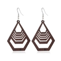 Detail view of hollow geometric wooden earrings in dark brown with metal hooks - Style 64