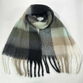 Thick checkered scarf with black, grey, beige and light green tassels on white background - 34# (Black Grey Beige Green Spliced Plaid)