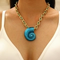 Bohemian gold chain necklace with turquoise rope and blue spiral conch shell pendant - Teal Rope Blue Conch Pendant Necklace (1781)