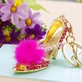 Pink fur pompom high heel keychain with gold metal plating and sparkling rhinestones - Rose Red Plush High Heels