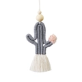 Handmade boho cactus keychain with grey woven cotton, pink pompom and white fringe - Gray