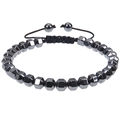 Close-up of heart magnetic stone bracelet with faceted grey beads and adjustable woven cord - Fine Faceted Style (Black Magnetic Bracelet-B)