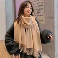 Thick apricot cashmere-feel scarf with fringe tassels for winter warmth and style - 300g Wool Blend Style / Beige