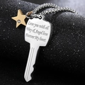 Silver key pendant necklace with gold star charm and engraved romantic quote - Engraved Key Star