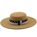 Flat top wool fedora hat in camel with pearl and rhinestone embellished decorative band - M (56-58cm) / 03 Camel