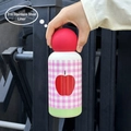 Pink and white checkered 350ml stainless steel vacuum flask with red apple and red lid - 350ml / Red Spherical Lid / Pink White Plaid Apple