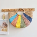 Handmade semi-circular straw handbag with vibrant multi-colored stripes for beach vacations - Multicolor (Khaki Tone)
