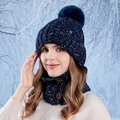 Women's dark blue winter knitted hat and neck gaiter set with faux fur pom pom and buttons - Navy Blue