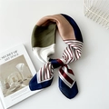 Silk-like square neck scarf with geometric color block patterns in navy and wine red - 70cm / Navy Edge Thick Thin Stripes
