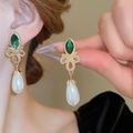 Vintage style gold earrings featuring a green teardrop stone and white pearl pendant - Gold Emerald Water Drop Pearl Style (4#)