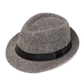 Men's summer straw fedora hat in light grey weave with elegant black ribbon band detail - Dark Gray