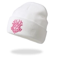 Berretto in maglia bianca con ricamo a lettere rosa in stile minimalista a coste - Taglia unica / Bianco