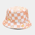 Dettaglio del cappello a secchiello in tela con motivo a scacchi arancione e margherite - M (56-58cm) / Arancione
