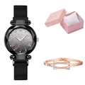 Orologio da donna con quadrante stellato, cinturino magnetico, bracciale e confezione regalo - Set Orologio Nero + Confezione Regalo