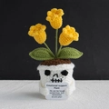 Handmade crochet skeleton planter with yellow flowers and emotional support plant card - Halloween 3-Head Lily of the Valley Yellow