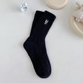 Black cotton rib-knit mid-calf socks featuring a cute cartoon rabbit embroidery detail - One Size / Pure Black