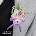 Purple lily lapel boutonniere with silk ribbon and white pompom for wedding suits - Lilac Purple