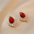 Elegant gold earrings with large red pear-shaped zircon and marquise-cut crystal petals - Red Water Drop Gemstone Style (E0635) / Gold