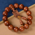 Polished Rosewood Buddhist beads bracelet with tiger stripes and engraved wooden tag - 15mm*15 Beads / Premium [Square Plate + Gourd]