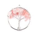 Close-up of pink crystal stone chips and silver wire tree of life pendant detail - 3cm / Silver + Watermelon Red