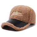 Camel faux shearling baseball cap with black leather brim and white embroidery - Adjustable / Deep Beige