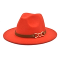 Detail of orange fedora wool hat featuring a brown strap and gold metal chain buckle - M (56-58cm) / Orange Red