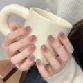Short square press-on nails with pink and blue gradient and golden glitter line accents - R838 Haze Gray Blue / Nail Glue Version