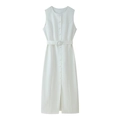 Elegant white sleeveless single-breasted maxi dress with matching belted waist - S / White