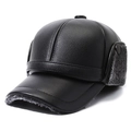 Winter men's faux leather thermal cap in black with plush lining and ear flaps - One Size / 6-Panel Grey