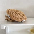 Béret en maille ajourée couleur kaki tressé avec étiquette de lettrage blanc sur le côté - 56-59cm / Camel