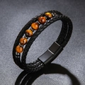 Bracciale multistrato in pelle intrecciata nera da uomo con perle occhio di tigre e chiusura - Occhio di tigre