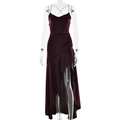 Detailed view of dark red satin dress showing delicate straps and ruffle hem design - Burgundy