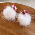 Detailed close-up of festive plush white pompom earrings with red plaid hat accents - 16# Plaid Button Rhombus Plush Ball Studs