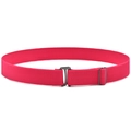 Close-up of pink elastic woven children belt with adjustable black metal buckle detail - Rose Red