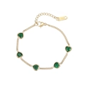 Gold stainless steel chain bracelet with five mini heart-shaped green zircon stones - Gold - Green Zirconia