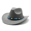 Detail of grey felt cowboy hat with turquoise beads and vintage metal disc on band - M(56-58cm) / Gray