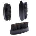 Three-angle views of curved men's beard brush with black boar bristles and wooden base - Beech Narrow Bristle 8.5x3x3CM