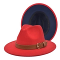 Two-tone wide brim fedora hat in red wool felt with navy interior and brown belt buckle - M(56-58cm) / Red and Navy Blue