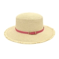 Chapeau de soleil plat en paille avec ceinture fuchsia et bords effilochés pour femme - M (56-58cm) / Beige