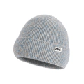 Winter knit beanie hat in grey-blue mixed yarn with OK patch and warm fleece lining - Single Hat / Mixed Blue
