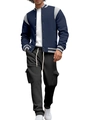 Men's high street baseball jacket set in navy blue and light grey with cargo pants - Navy Blue